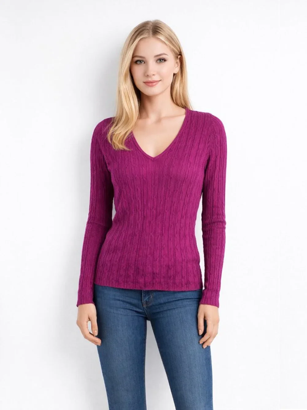 2/$30 Chico's Textured V-Neck Sweater Burgundy Medium #A1968
